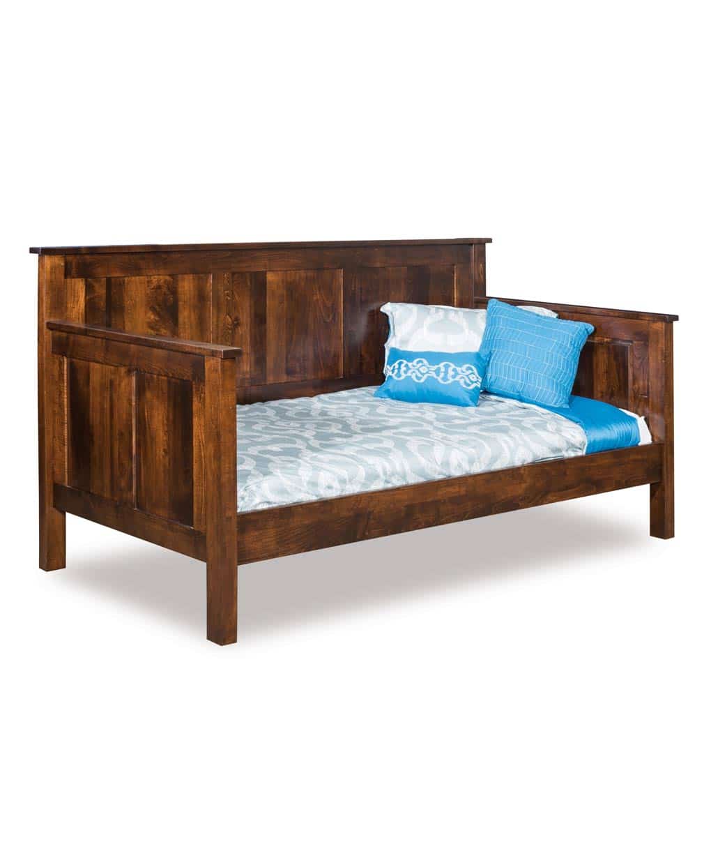 Wooden bed with blue and white bedding on a white background