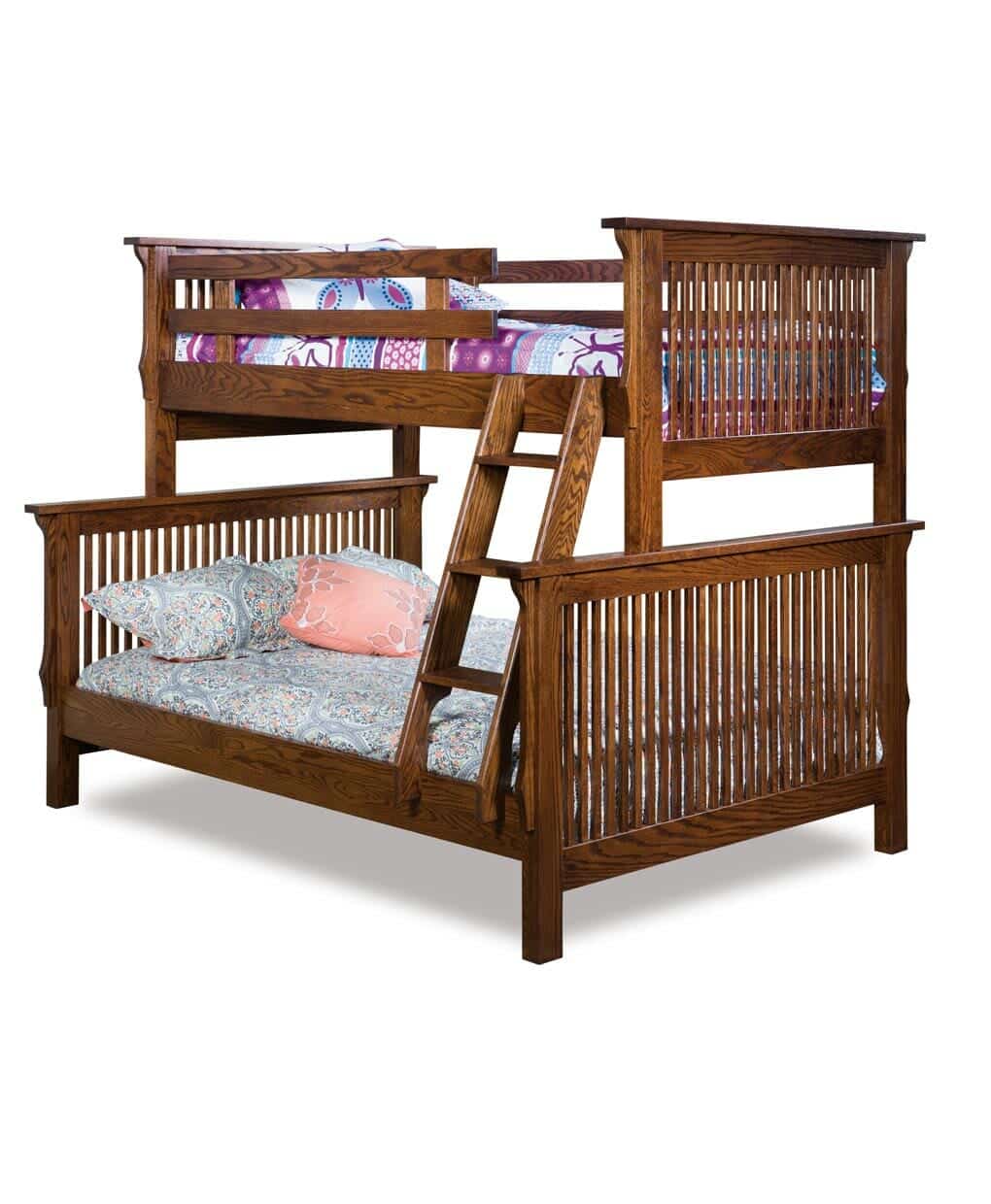 Wooden bunk bed with colorful bedding on a white background