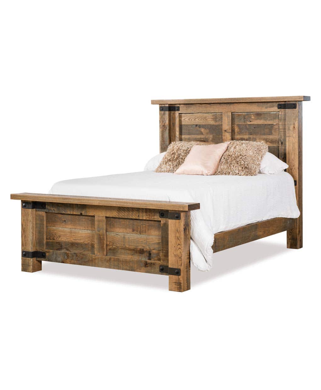 Wooden bed with white bedding on a white background