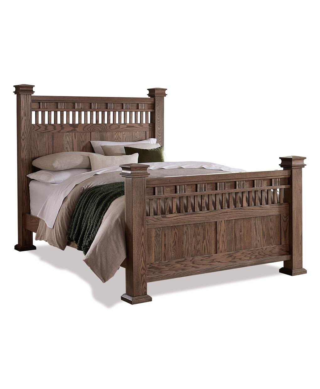 Wooden bed with a rustic design on a white background