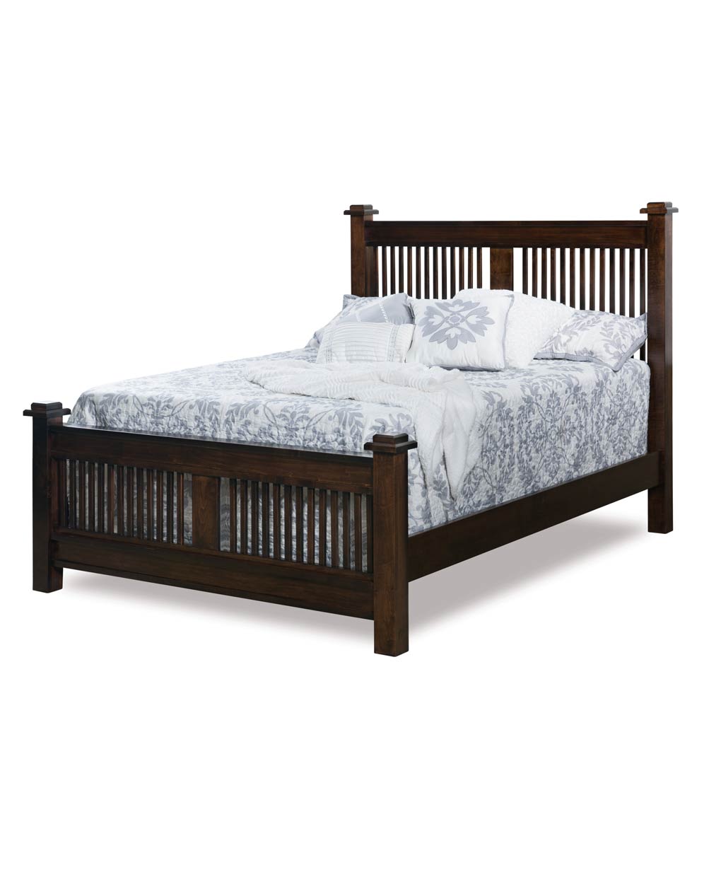 Wooden bed with white bedding on a white background