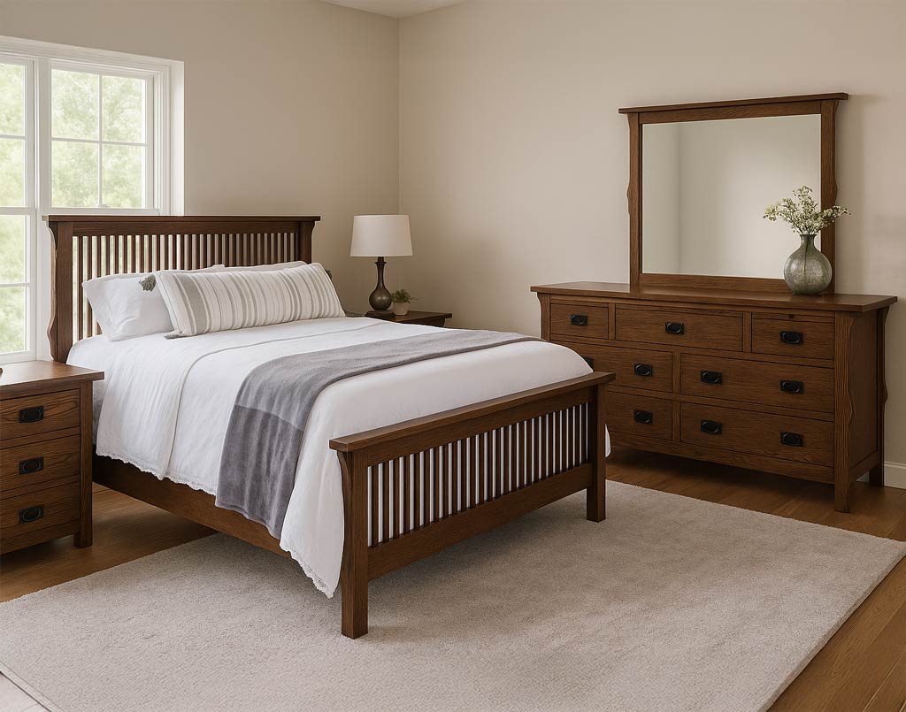 Wooden bedroom set with bed, nightstands, and dresser in a room with a window.