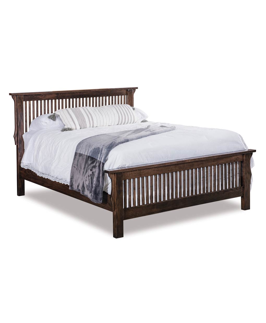 Wooden bed with white bedding on a white background