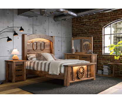 Wooden bedroom set with rustic design in a room with brick wall and concrete walls.