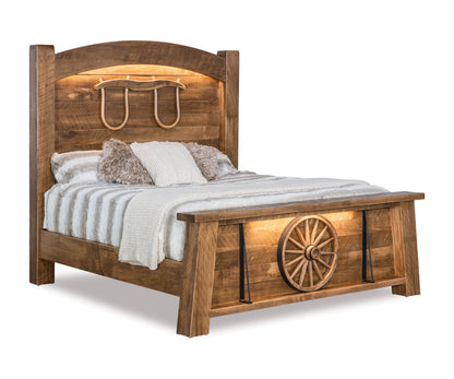 Wooden bed with rustic design elements on a white background