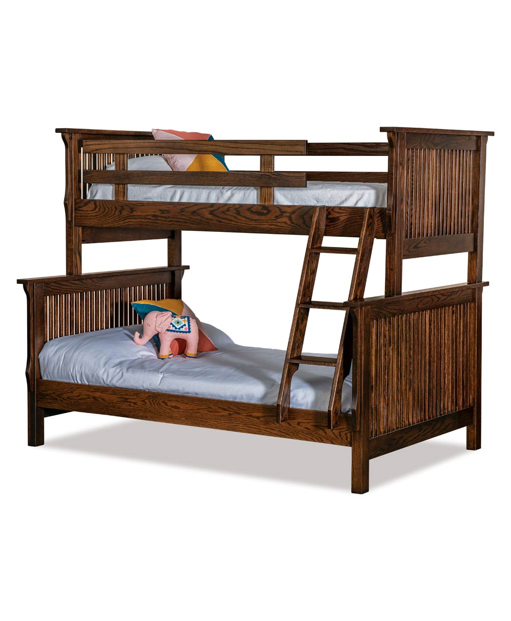 Wooden bunk bed with two children on top and bottom beds, on a white background