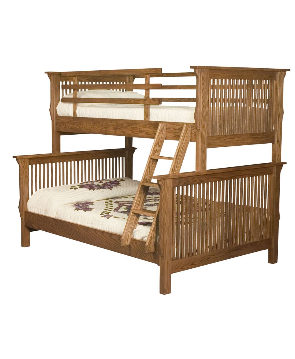 Wooden bunk bed with ladder on a white background