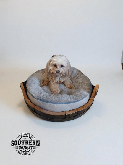 Small breed Barrel pet bed with  little white dog