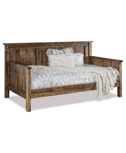 Wooden bed with white bedding on a white background