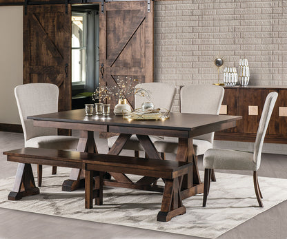 Dining room with wooden table, chairs, and bench in a home setting.