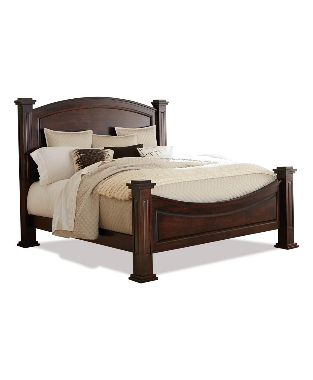 Wooden bed with bedding on a white background