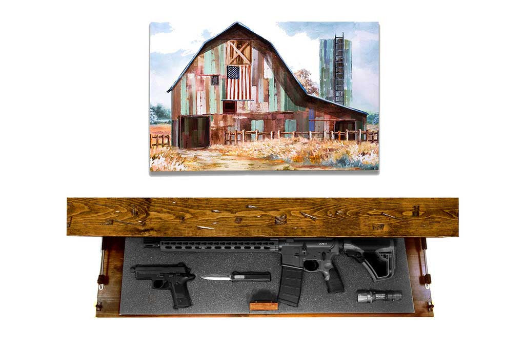 Wooden gun safe with firearms and a scenic painting of a barn on top