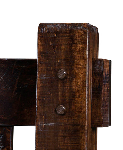 Close-up of a wooden bracket with a dark brown finish on a white background