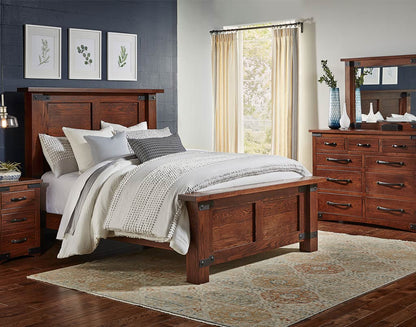 Wooden bedroom set with bed, nightstands, and dresser in a room with a window and decor.