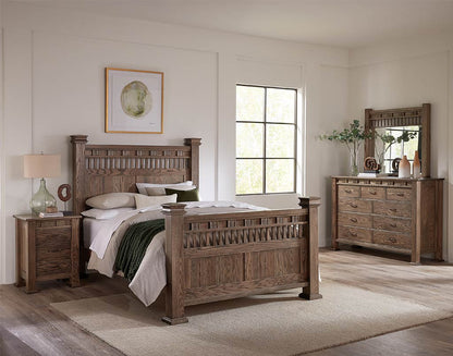 Wooden bedroom furniture set including bed, nightstands, and dresser in a room with a window.